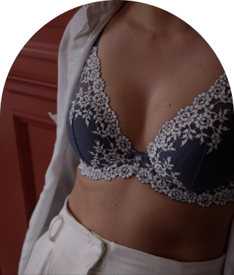 Women modelling grey bra with white floral detail